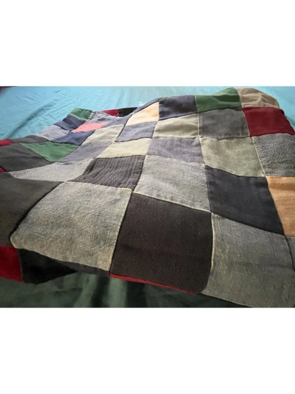Unfinished Quilt Top Handmade Patchwork Denim Cutter Fixer Distressed 74”x60”